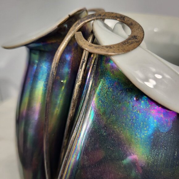 STUNNING VINTAGE IRIDESCENT STERLING SILVER FOLD OVER POTTERY CERAMIC VASE DISH - Picture 9 of 16